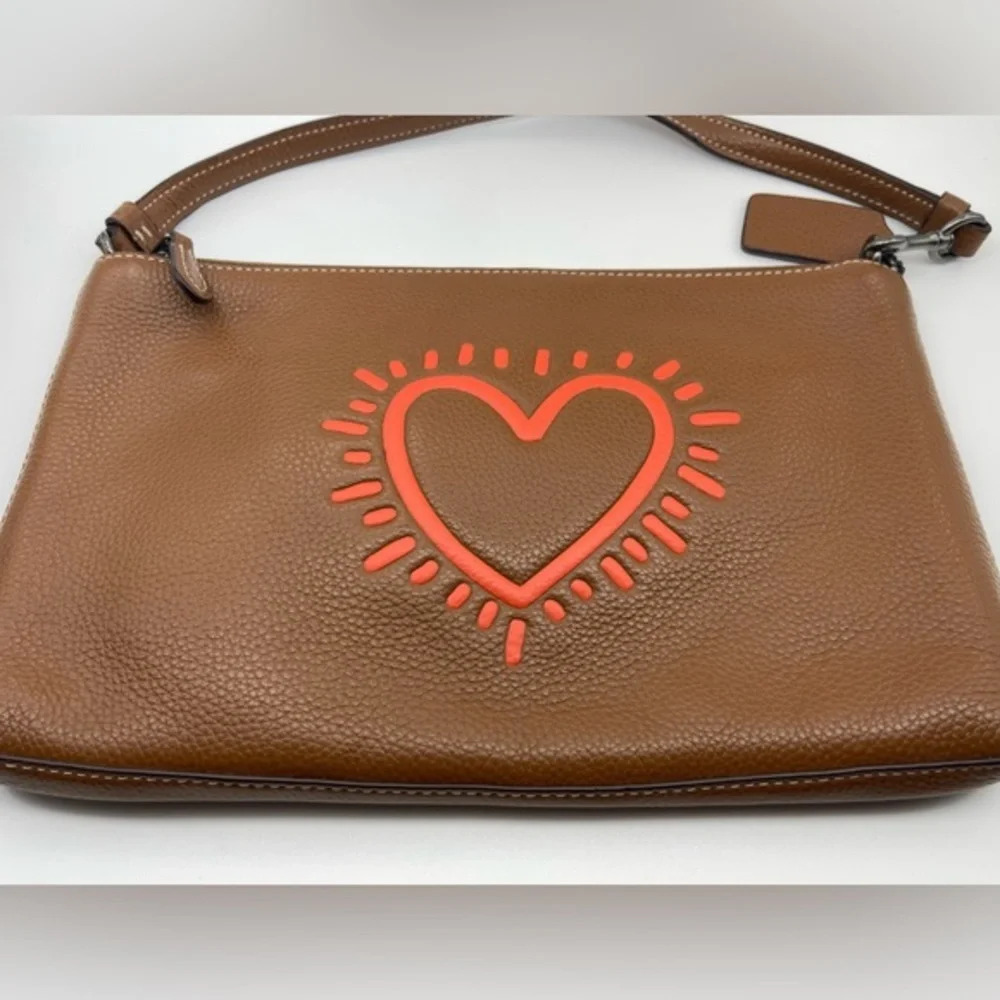 COACH x Keith Haring Leather Large Wristlet 25, Gunmetal/Saddle, NWOT - Picture 15 of 15